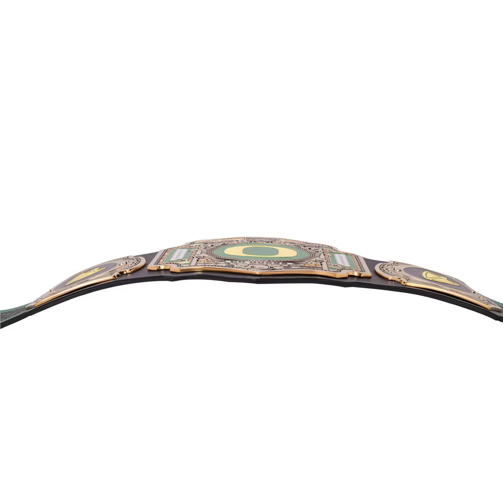 Decorative arch with gold and green accents on a white background