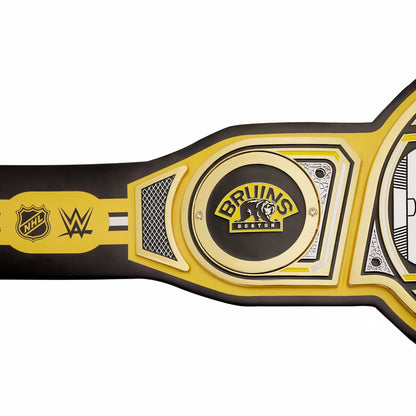 Championship belt with Bruins logo and NHL and WWE logos on a white background