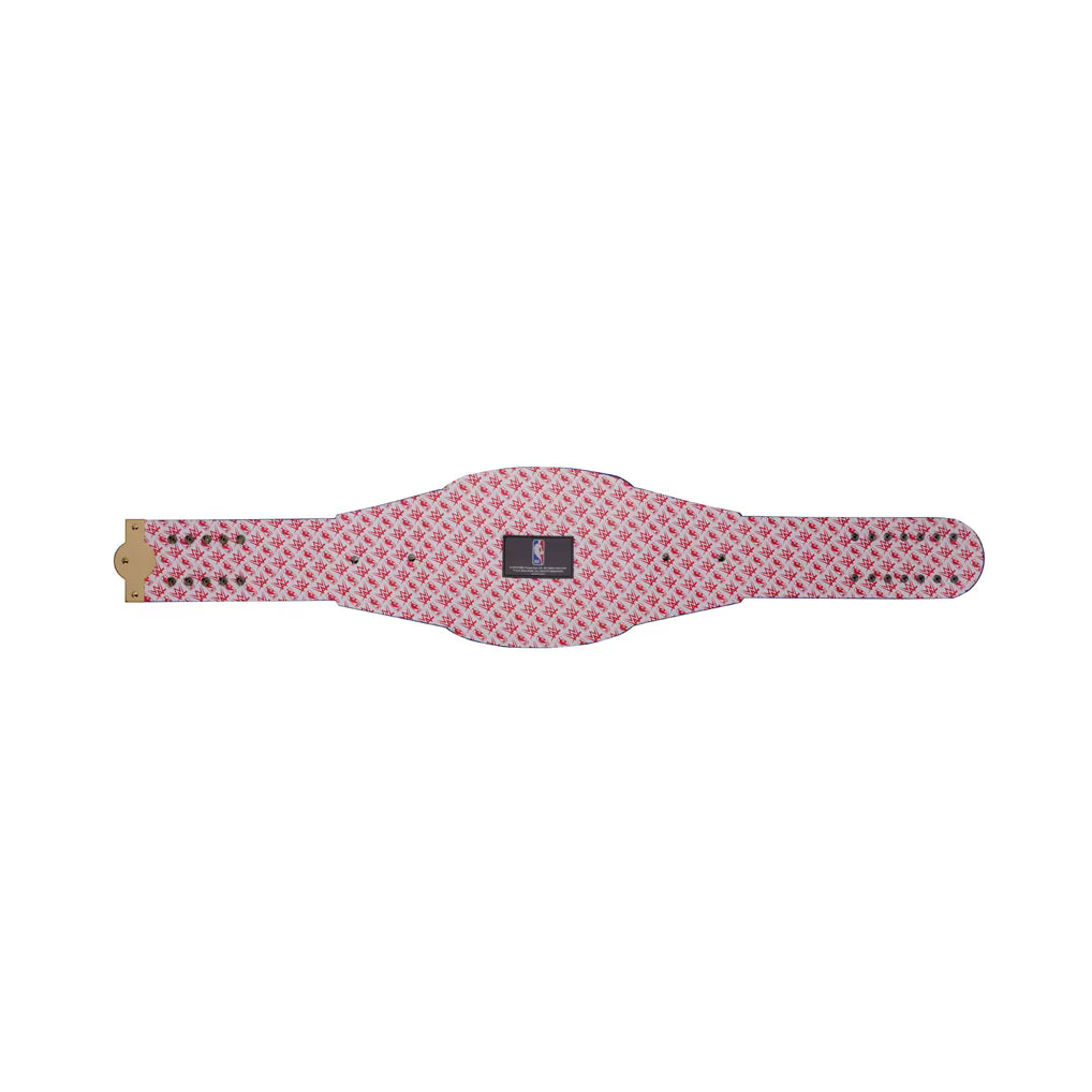 A pink leather belt featuring a repeating red and white monogram pattern, with gold-toned metal hardware on the buckle and tip.
