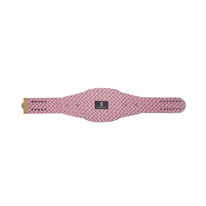 A pink leather belt featuring a repeating red and white monogram pattern, with gold-toned metal hardware on the buckle and tip.