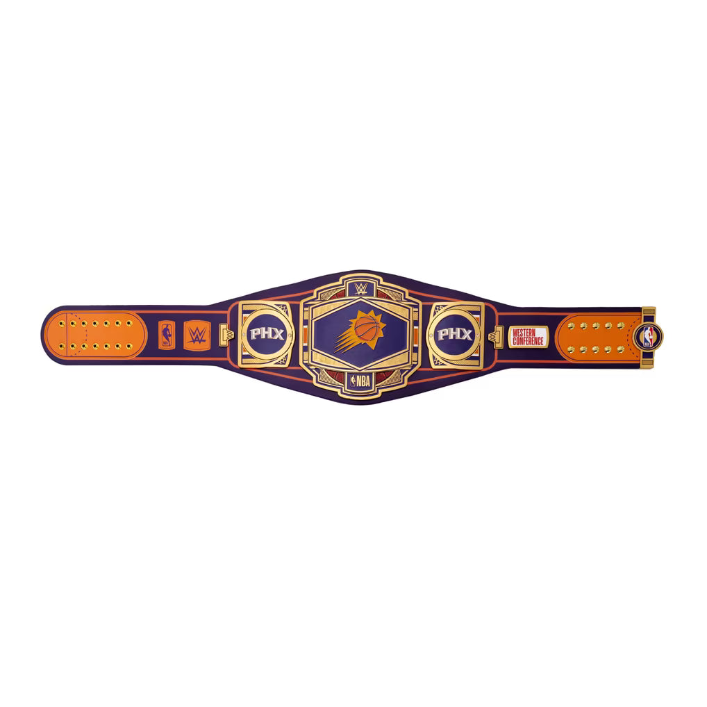 Wrestling championship belt with logos on a white background