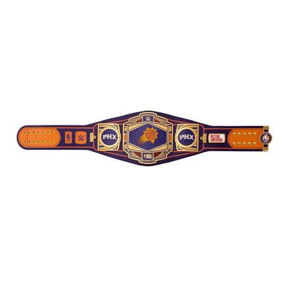 Wrestling championship belt with logos on a white background