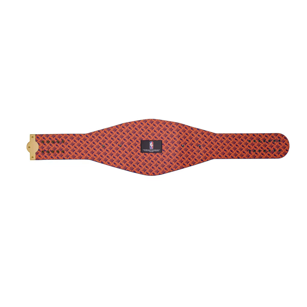 A red and black patterned belt with a gold-toned metal buckle, displayed flat against a solid white background.
