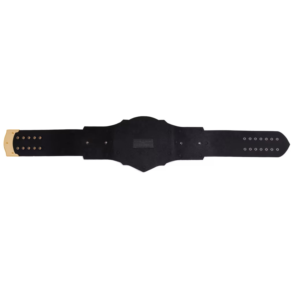 A black leather championship belt with gold-tone metal hardware, shown flat against a solid white background.