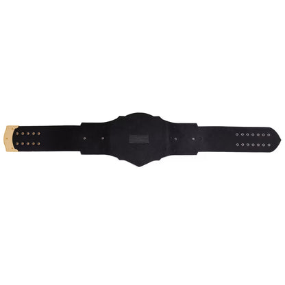 A black leather championship belt with gold-tone metal hardware, shown flat against a solid white background.