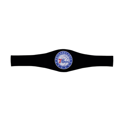 A black athletic headband featuring the Philadelphia 76ers circular logo in blue, white, and red, displayed against a solid white background.