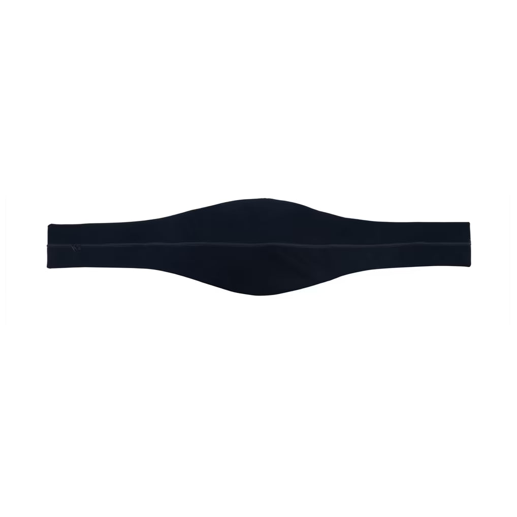 A black athletic headband with a wide, padded center section and narrower elastic ends, shown flat against a plain white background.