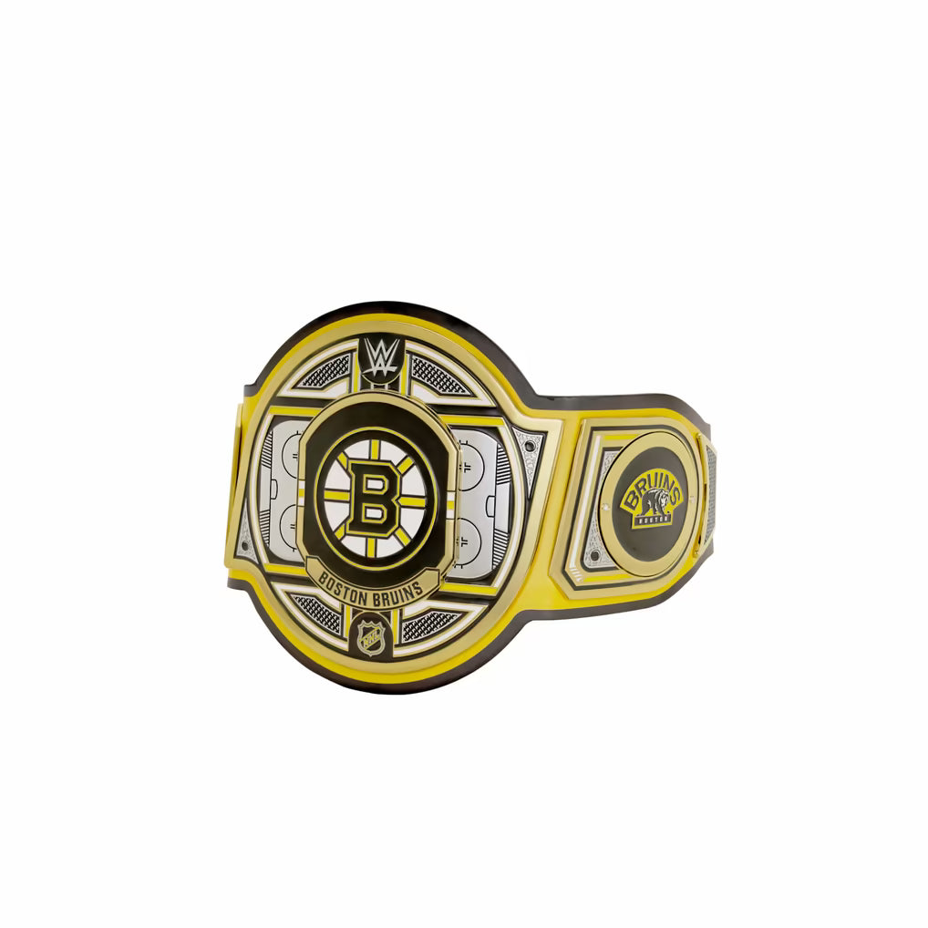 WWE championship belt with Boston Bruins logo on a white background