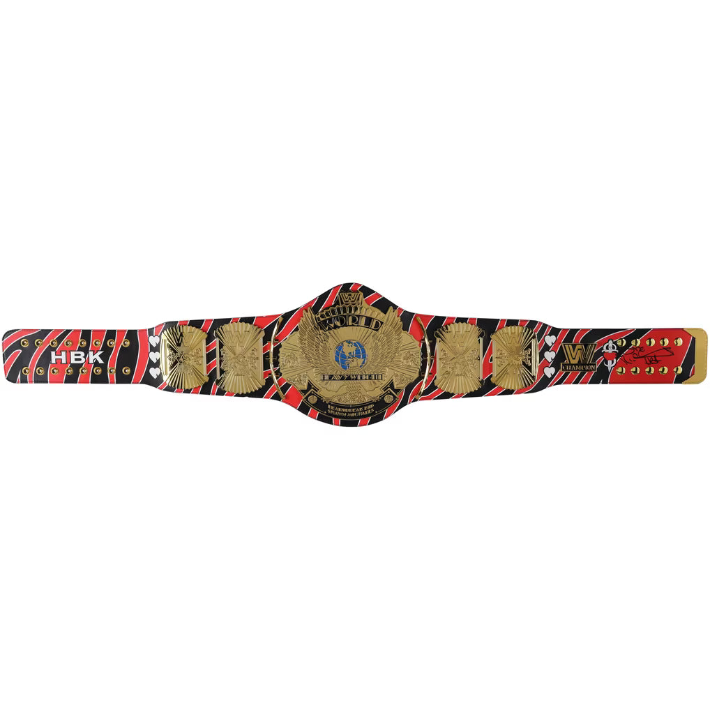 A championship belt with a red, black, and gold patterned strap and a central gold-toned plaque featuring the text 'Wrestle Man USA' and 'The Main Event'.