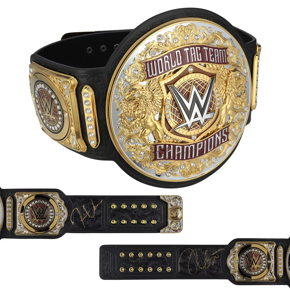 WWE World Tag Team Champions belt shown from multiple angles, featuring a large ornate gold and silver round plate with WWE branding, black strap, and decorative crystal-like accents on a white background.