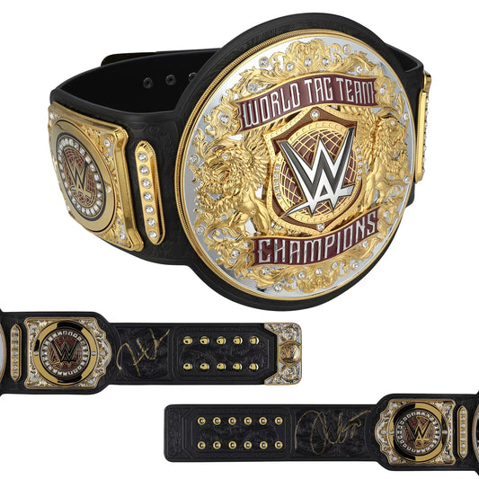 WWE World Tag Team Champions belt shown from multiple angles, featuring a large ornate gold and silver round plate with WWE branding, black strap, and decorative crystal-like accents on a white background.