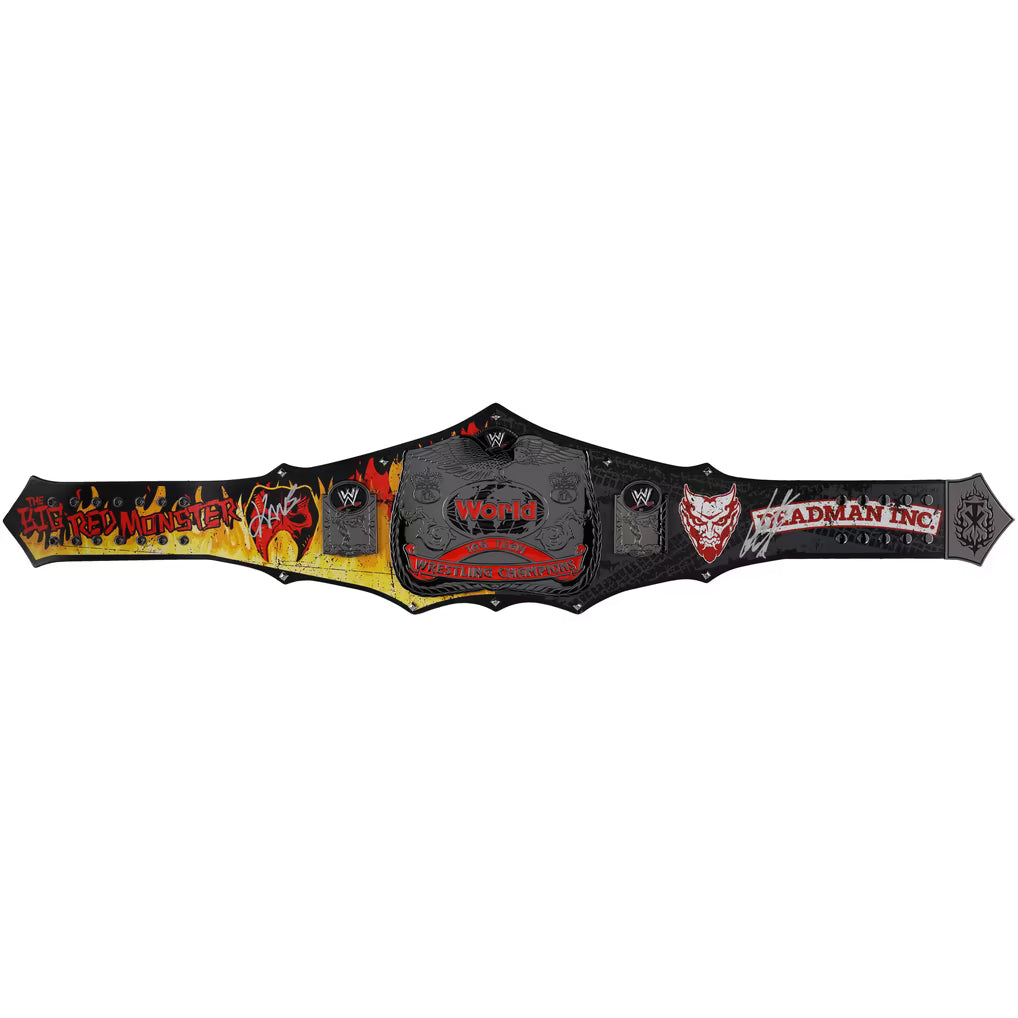 Wrestling championship belt with red and yellow design on a white background