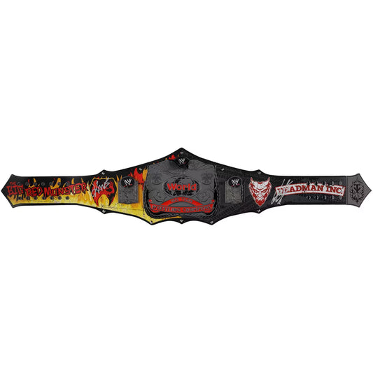 Wrestling championship belt with red and yellow design on a white background