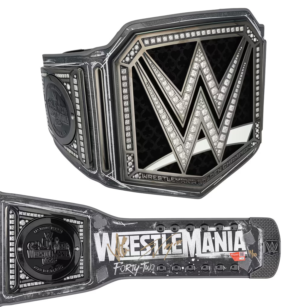 A WWE WrestleMania 42 championship belt shown from two angles on a plain white background: the large front plate with the WWE logo and the matching strap laid horizontally below.