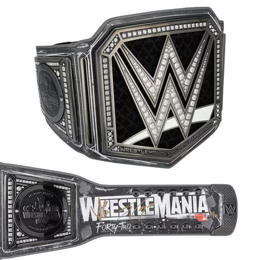 A WWE WrestleMania 42 championship belt shown from two angles on a plain white background: the large front plate with the WWE logo and the matching strap laid horizontally below.