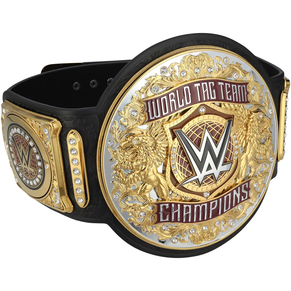 WWE World Tag Team Champions belt featuring a large gold and silver circular medallion with lion emblems, crystal accents, and a black strap, shown on a plain white background.