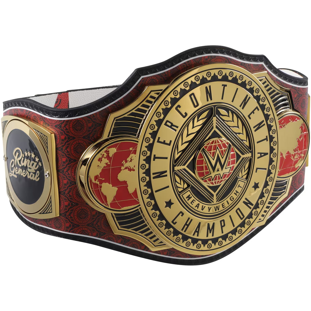 A replica WWE Intercontinental Heavyweight Championship belt featuring a red and black patterned strap with prominent gold-toned metal plates, including a central plate with the WWE logo and a side plate with 'Rising Star' text.