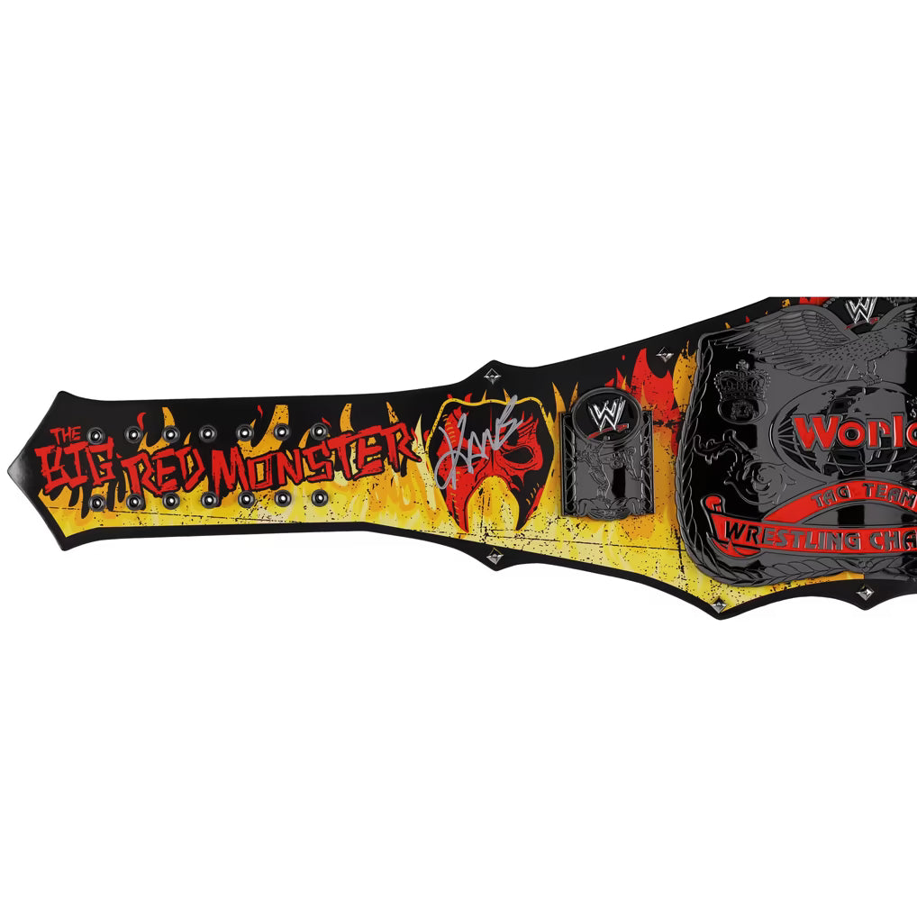 Wrestling championship belt with colorful design and text on a white background