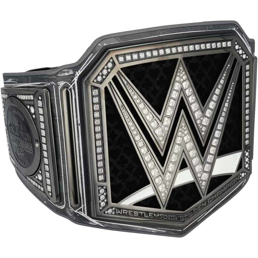 WrestleMania Goldwyn Championship belt featuring a large silver and black W logo faceplate embellished with clear rhinestones, shown on a plain white background.