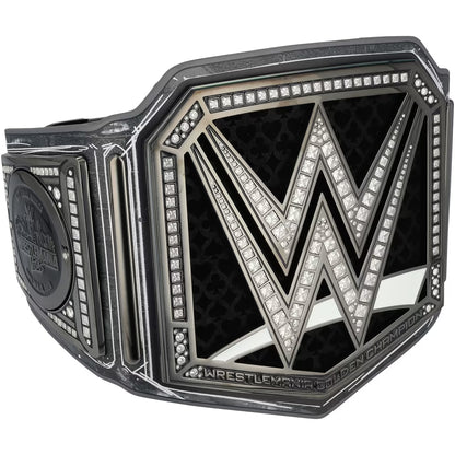 WrestleMania Goldwyn Championship belt featuring a large silver and black W logo faceplate embellished with clear rhinestones, shown on a plain white background.