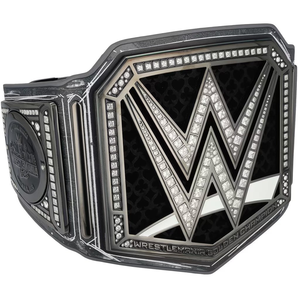 WrestleMania Goldwyn Championship belt featuring a large silver and black W logo faceplate embellished with clear rhinestones, shown on a plain white background.