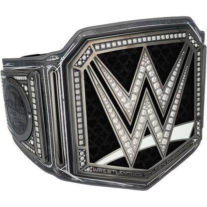 WrestleMania Goldwyn Championship belt featuring a large silver and black W logo faceplate embellished with clear rhinestones, shown on a plain white background.