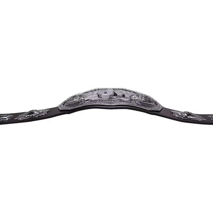 Black belt with decorative silver buckle on a white background