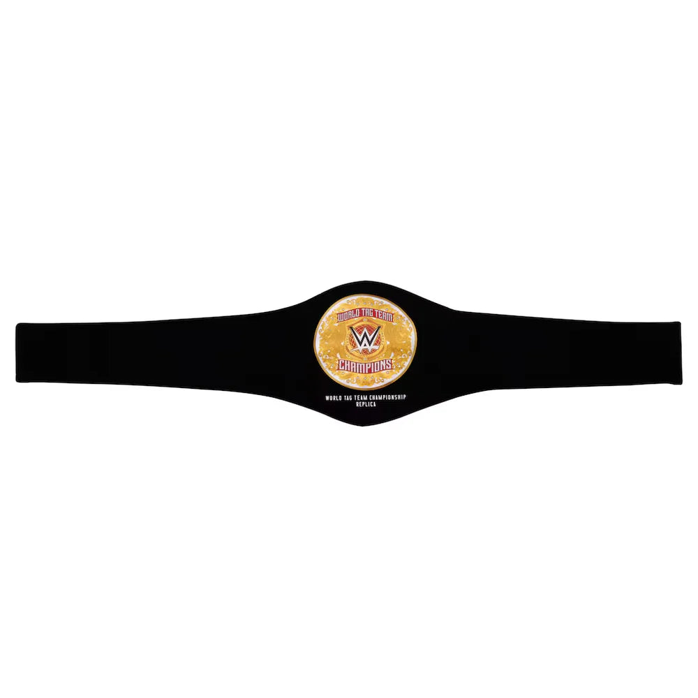 A black wrestling championship belt featuring a circular gold-toned center plate with the WWE Champions logo and text, shown on a plain white background.