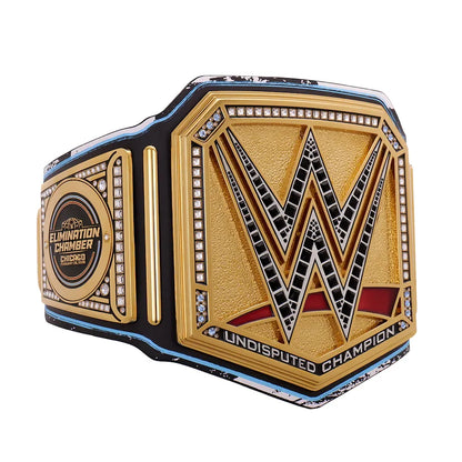 WWE championship belt with gold and black design on a white background
