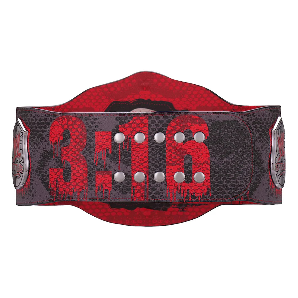 Red and black championship belt with '3:16' branding on a white background