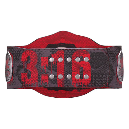 Red and black championship belt with '3:16' branding on a white background