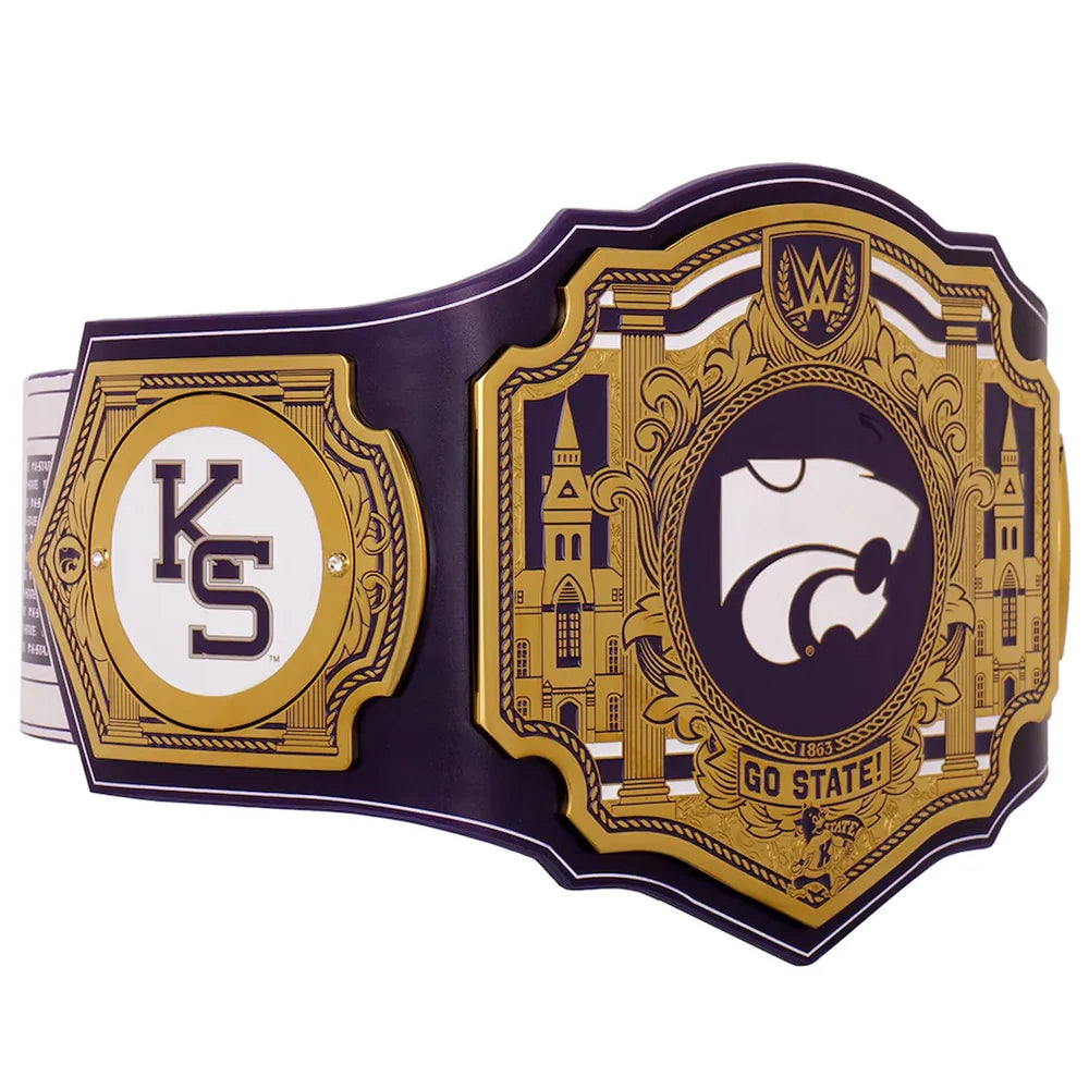 Kansas State Wildcats championship belt featuring a large central plaque with the Wildcats cat logo and 'GO STATE!' text, alongside an octagonal 'KS' plate, on a white background.