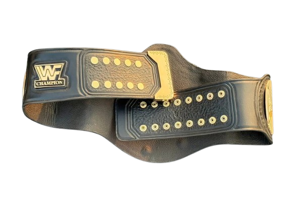 A black leather championship belt with gold-toned metal studs, a gold buckle, and a gold 'WF CHAMPION' logo patch on the left side, shown against a plain white background.