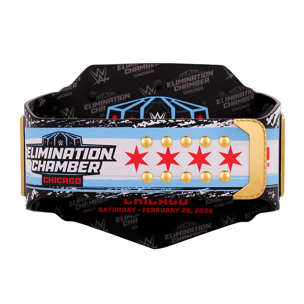 Wrestling championship belt with 'Elimination Chamber' and 'Chicago' branding on a white background