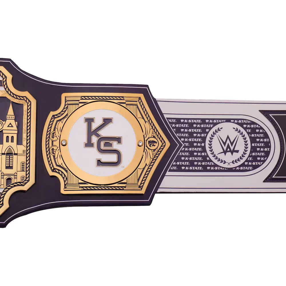 Close-up of a championship belt with 'KS' logo and WWE emblem on a white background