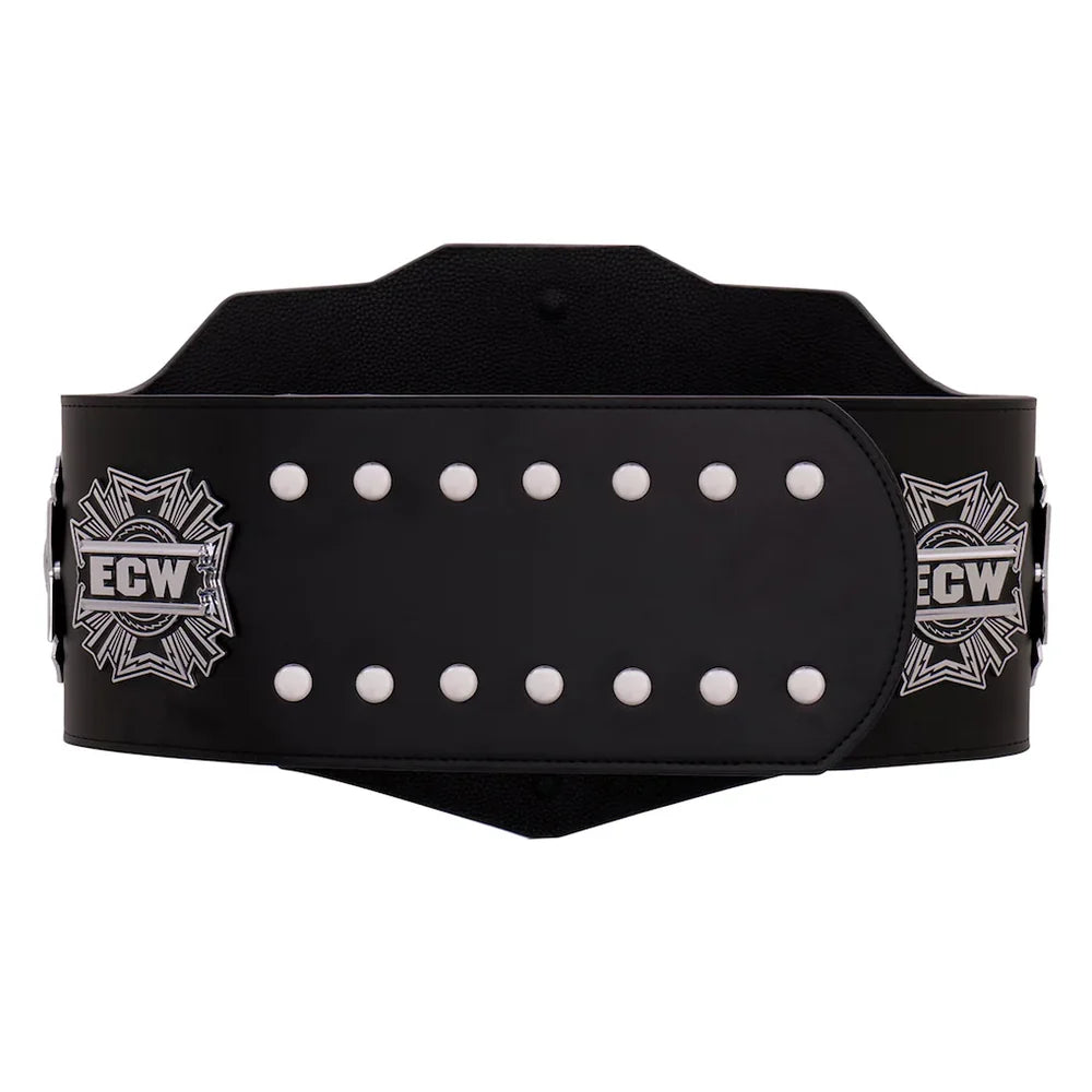 A black leather wrestling belt featuring silver metal studs in two rows and the ECW logo on both sides, shown against a plain white background.