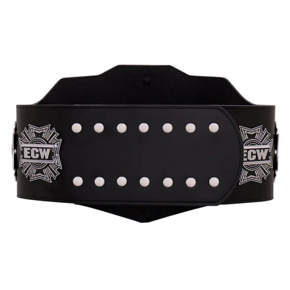 A black leather wrestling belt featuring silver metal studs in two rows and the ECW logo on both sides, shown against a plain white background.