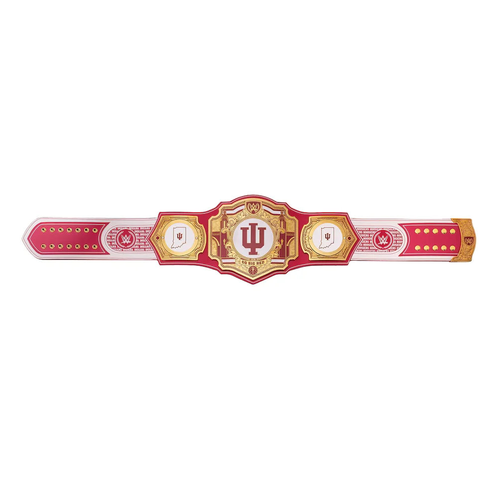 A replica of the Indiana University wrestling championship belt, featuring a red and gold central plate with the IU logo, flanked by red and white side plates with gold accents, set against a plain white background.