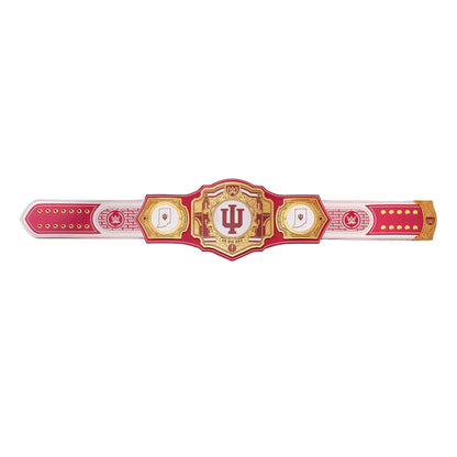 A replica of the Indiana University wrestling championship belt, featuring a red and gold central plate with the IU logo, flanked by red and white side plates with gold accents, set against a plain white background.