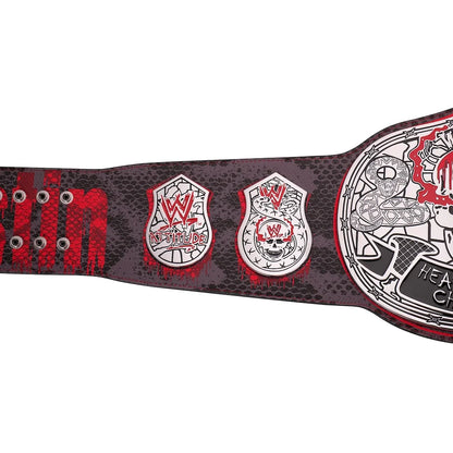 Wrestling championship belt with red and black design on a white background