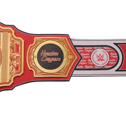 Wrestling championship belt with 'Houston Cougars' and WWE logos on a white background