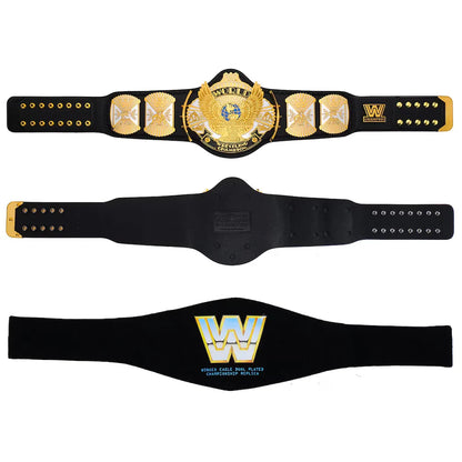 Three views of a WWE championship belt: a top-down view showing the gold and black metal plates, a side view showing the black strap with gold studs, and a front view showing the black fabric strap with the gold and blue WWE logo.