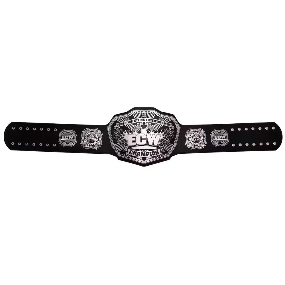 Black championship belt with silver ECW logo on a white background
