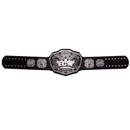 Black championship belt with silver ECW logo on a white background