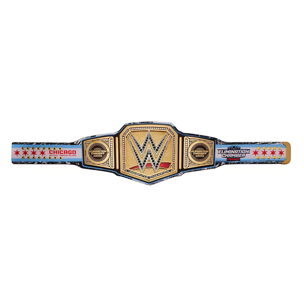 A replica WWE Championship belt featuring a gold central plate with the WWE logo, flanked by blue and red side panels with 'Embezo' and 'Wrestlemania 32' text, set against a plain white background.