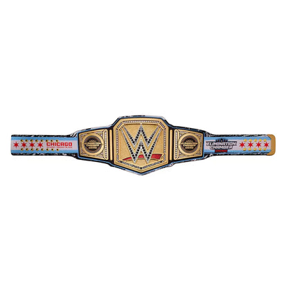 A replica WWE Championship belt featuring a gold central plate with the WWE logo, flanked by blue and red side panels with 'Embezo' and 'Wrestlemania 32' text, set against a plain white background.