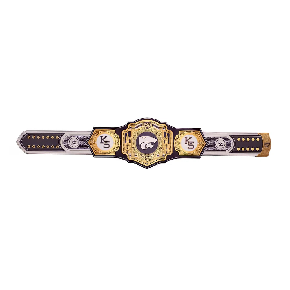 A miniature replica of the Kansas City Chiefs championship belt, featuring a gold and black central plate with the team's logo, flanked by two gold and black 'KC' plates, and a black and silver strap with gold studs, shown on a plain white background.