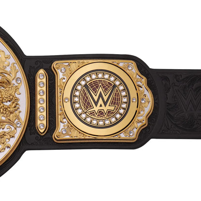 WWE championship belt with gold and black design on a white background