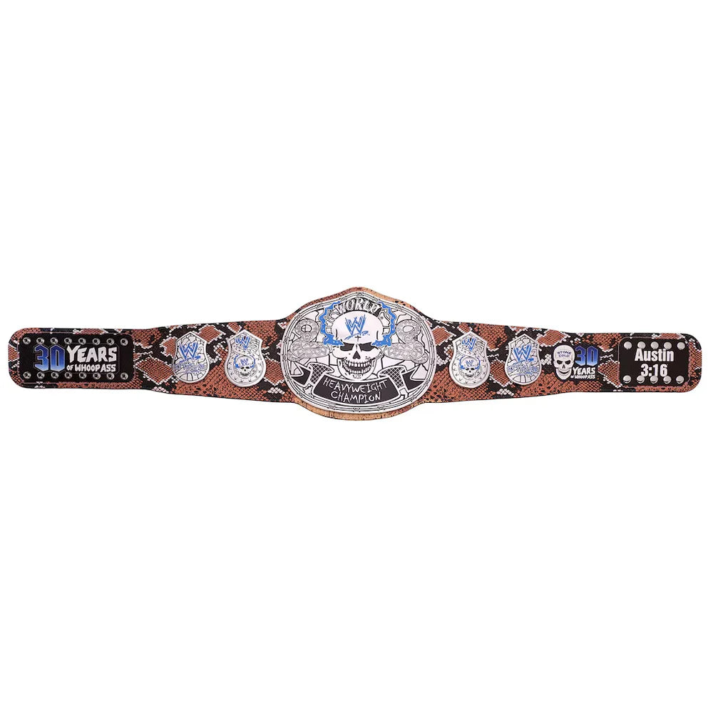 A championship belt with a brown and black snakeskin pattern strap, featuring a large silver central plate with a skull and blue accents, and smaller silver plates with blue and white details on both sides.