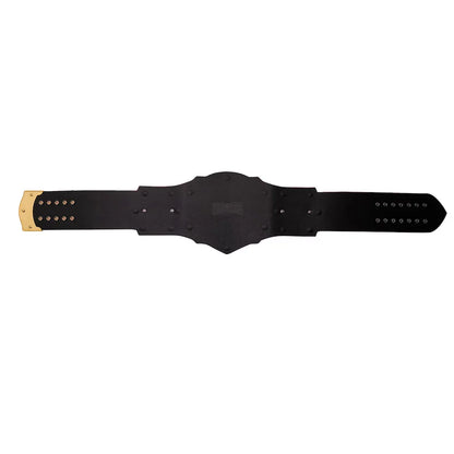 Black leather belt with gold accents on a white background